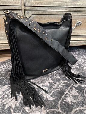 Jessica Simpson Black  Fringe Shoulder Bag with Gold Stud Detail *NWT